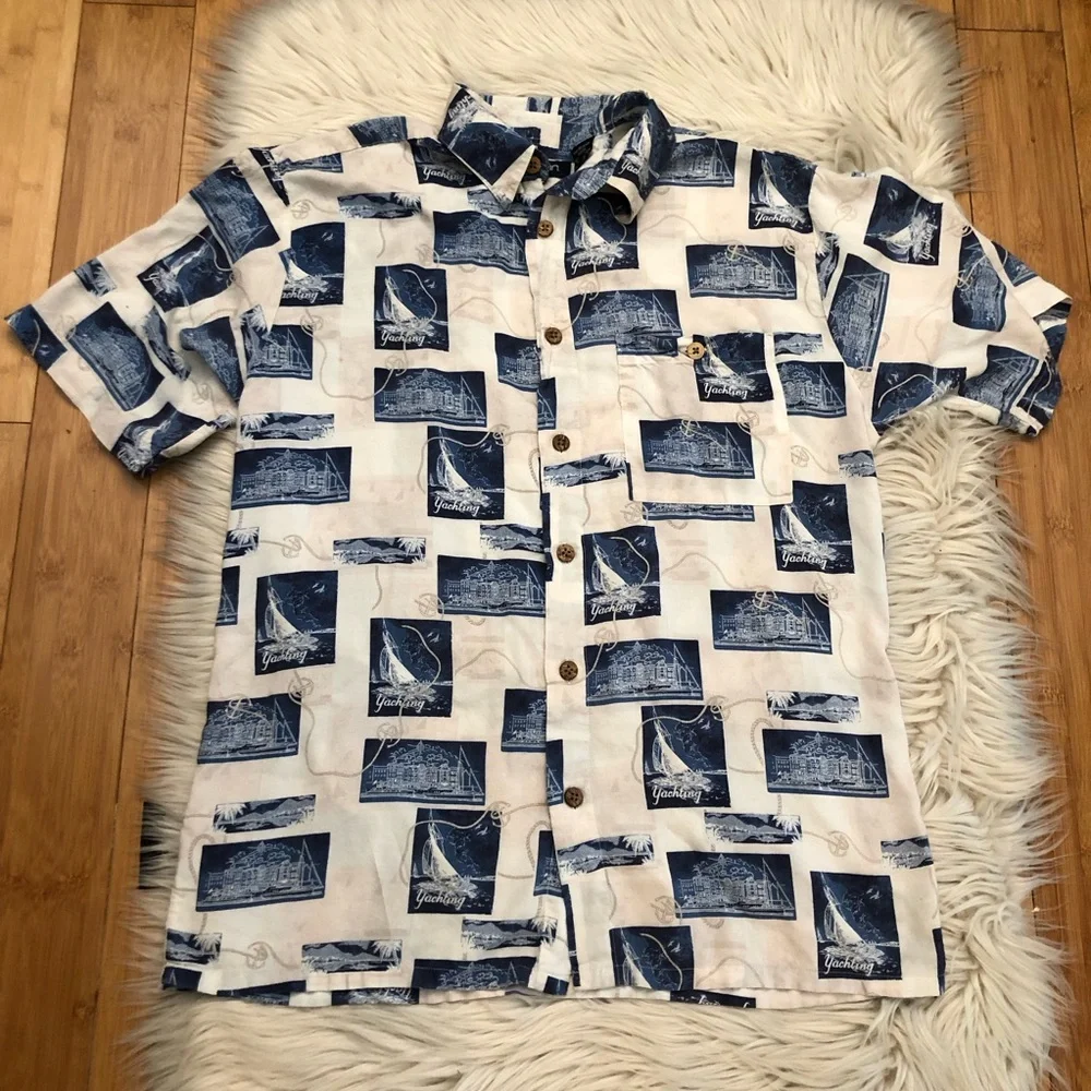 Puritan Yatch Landscape Prints Vacation Button Down Short Sleeves Mens Shirt M